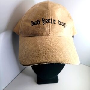 BAD HAIR DAY Black Script on Tan Suede Trucker Ball Cap Hat Adjustable - EUC